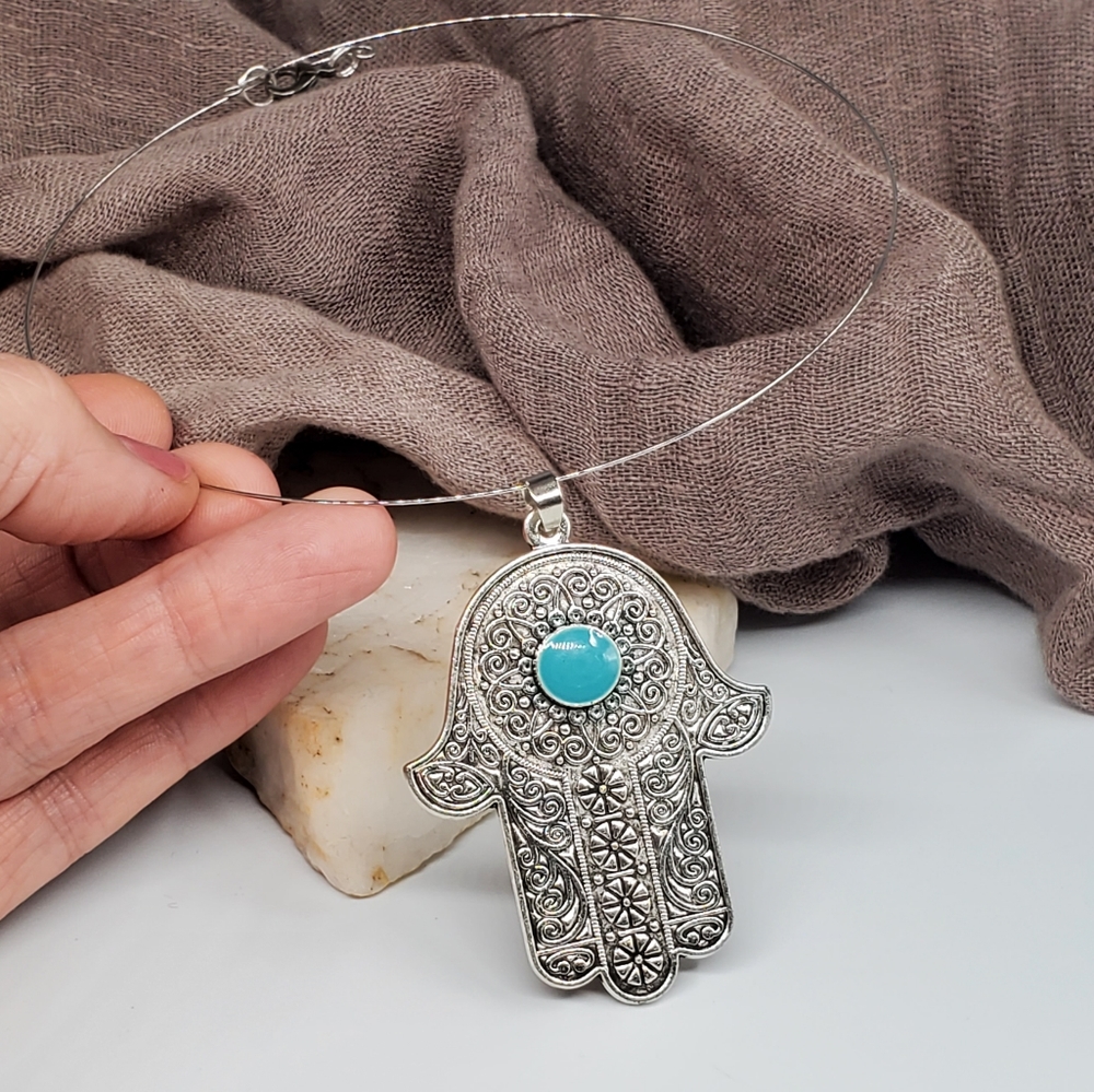 ❤️ Large Hamsa Hand Pendant Blue Eye Silver Necklace Hanukkah Gift